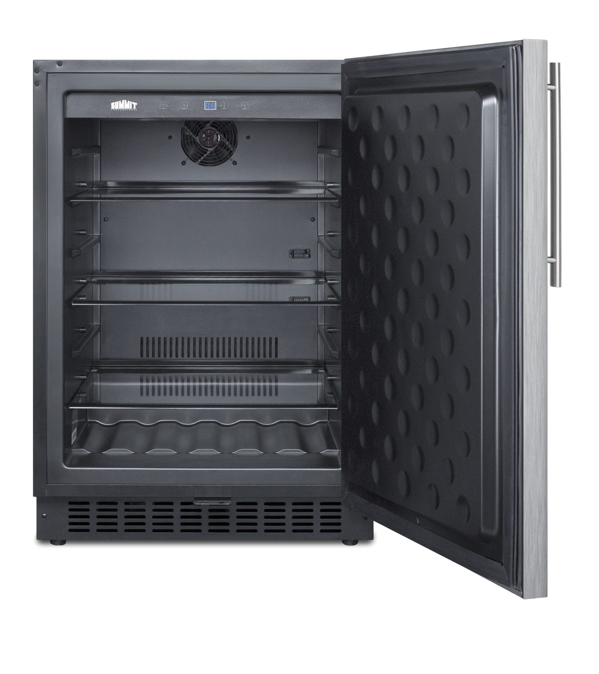 Outdoor all-refrigerator for built-in use, with lock, digital thermostat, thin handle, and stainless steel wrapped exterior